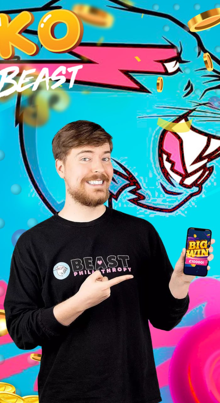 A promotional image featuring a person pointing to a smartphone displaying 'Big Win £10,000!' with the 'Mr. Beast Plinko' branding in the background, including a stylized tiger head and gold coins
