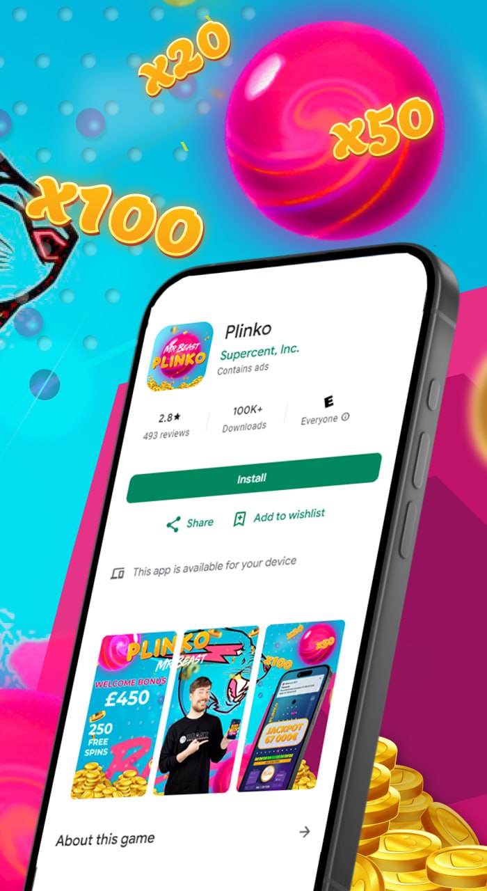 A mobile app interface displaying the 'Mr. Beast Plinko' app on the Google Play Store, showing a 2.8-star rating, over 100k downloads, and colorful promotional banners featuring multipliers like x20, x50, and x100.